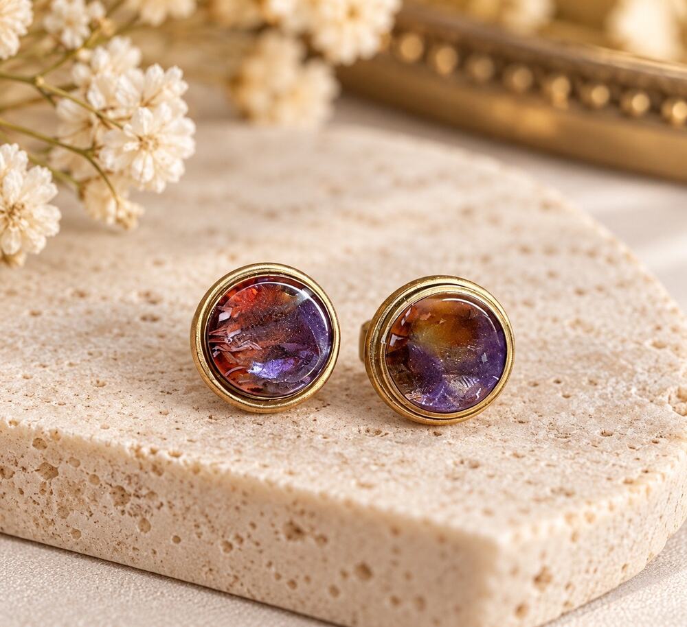 Purple Amber Marbled Cabochon Stud Earrings Gold Tone Round